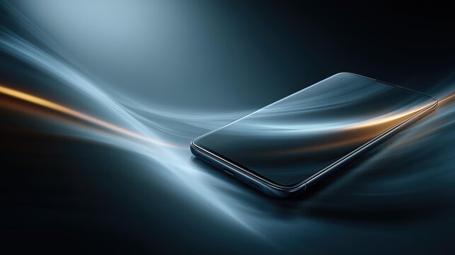 Sleek modern smartphone floating off-center above a deep dark gradient, illuminated by swirling luminous blue and warm orange light trails, high-end CGI render for tech advertising - Powered by Adobe
