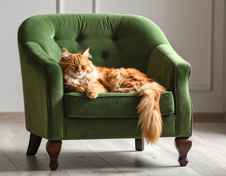 An orange long-haired cat lounges comfortably on a plush green velvet armchair in a room with light, neutral walls - Powered by Adobe