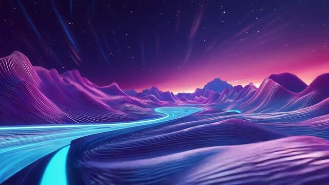 Neon speed light trail through futuristic digital landscape