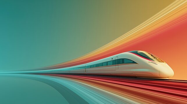 Futuristic white highspeed train gliding on glowing rails in a turquoise sky, sleek CGI arc motion concept for Southeast Asia rail debut, dynamic aesthetic