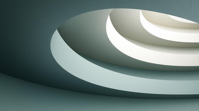 Abstract minimalist 3D render of concentric curved rings in cool teal tones with soft lighting geometric sculpture futuristic digital art composition