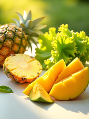 vibrant flat lay showcases colorful arrangement sliced pineapples juicy mangoes crisp lettuce leaves smooth