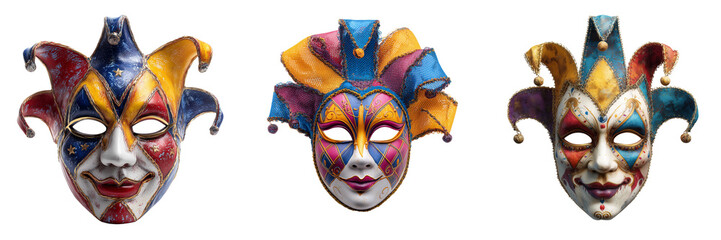 Set of Elegant Venetian masquerade mask adorned with sparkling rhinestones on transparent png background. Ai generated