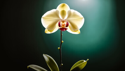A single white orchid glows with ethereal backlighting, revealing translucent petals and vibrant crimson stamen against a gradient teal-black background. Macro shot captures botanical elegance.