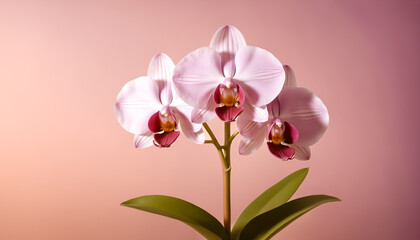 Macro photo captures three pink orchid blossoms with magenta centers. Studio lighting highlights textures against a minimalist pink backdrop. High-resolution detail emphasizes natural beauty and calm.