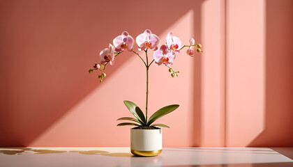 Elegant pink orchid in minimalist white and gold pot, studio-lit with soft light casting geometric shadows. Serene still life with clean lines and warm tone for luxury interior decor.
