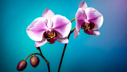 Striking orchid portrait! Vibrant purple and white blooms against a soft blue backdrop showcase exquisite biomorphic design and geometric patterns revealed through macro photography.