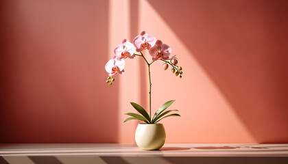 Elegant pink orchid in ceramic vase on white shelf against coral wall. Warm sunlight casts soft shadows. Serene, minimalist interior with gradient tones and clean lines.