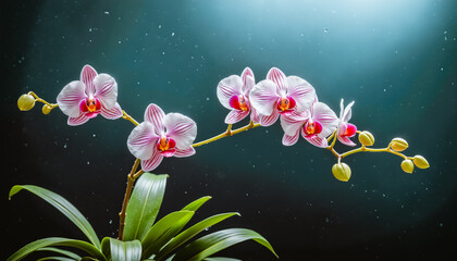 Studio macro of Phalaenopsis orchid with white petals, magenta veins, red-orange center, green leaves, and yellow buds. Dramatic backlighting and volumetric beams highlight its ethereal beauty.