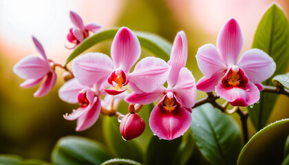 Vibrant pink orchid flowers glisten with dew under warm natural light. Macro shot highlights glossy petals, lush green leaves, and dreamlike bokeh. Botanical elegance in full bloom.