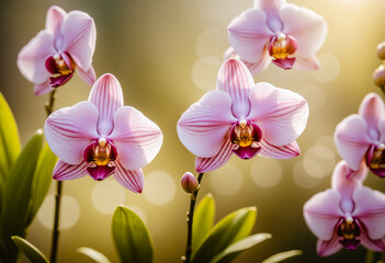 Vibrant pink orchids bloom under warm golden hour light, backlit to reveal delicate petal textures. Soft focus bokeh isolates flowers, enhancing their botanical elegance in serene natural composition.