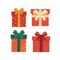 Set of Four Flat Design Gift Boxes with Ribbons and Bows, Transparent Background.