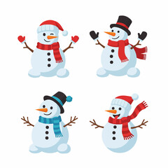 Set of Four Cheerful Cartoon Snowmen with Winter Apparel and Accessories on Transparent Background