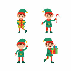 Four Festive Cartoon Christmas Elves with Gifts and Candy Cane on Transparent Background