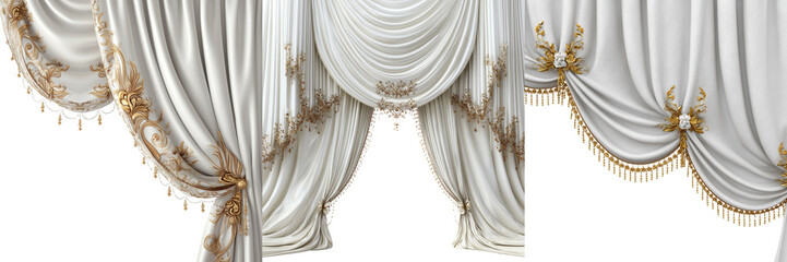 Set of Luxurious white fabric curtain with gold trimmed edges and decorative folds on transparent png background. Ai generated