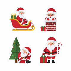Set of Happy Santa Claus Cartoon Illustrations with Christmas Elements, Transparent Background