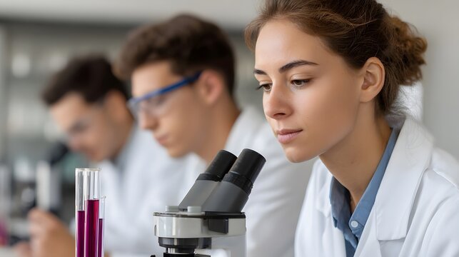 Young students in a laboratory observing experiments with microscopes and test tubes