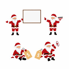 Cartoon Santa Claus Characters Set with Promotional Elements on Transparent Background