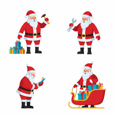 Set of Santa Claus Illustrations with Holiday Tools, List, and Sleigh on Transparent Background