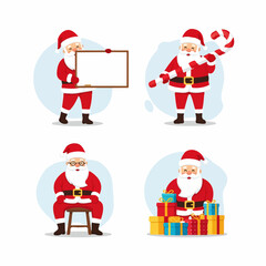 Collection of Four Cartoon Santa Claus Illustrations in Diverse Poses on Transparent Background.