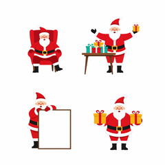Set of Santa Claus Illustrations in Various Poses with Gifts and Chair, Transparent Background