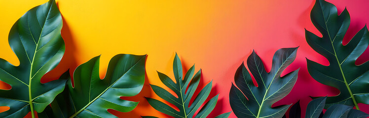 vibrant flat lay exotic leaves warm summer wall backdrop infused electrifying array neon hues soft diffused