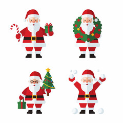 Collection of Flat Design Santa Claus Characters with Christmas Elements on Transparent Background