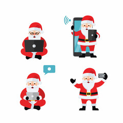Set of Modern Santa Claus Illustrations with Digital Devices on Transparent Background