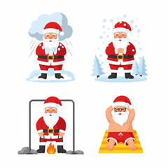 Diverse Santa Claus Illustrations: Winter Snow, Campfire Warmth, and Summer Sunbathing on Transparent Background