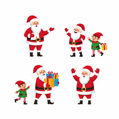 Cartoon Santa Claus and Elf Characters in Various Poses on Transparent Background