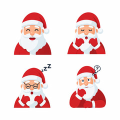Santa Claus Character Expressions Set: Happy, Surprised, Sleeping, and Thinking Emoticons on Transparent Background
