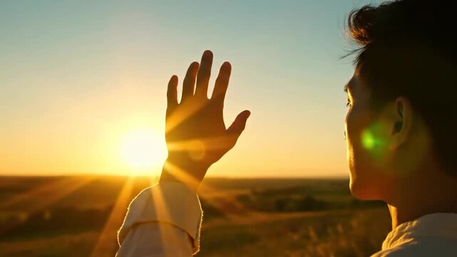 The image shows a man standing with his back to the viewer and looking towards the sunset. He raises his hand, and his palm is facing the sun, as if he is trying to protect himself from the bright lig