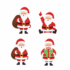 Four Festive Santa Claus Cartoon Illustrations in Diverse Poses on Transparent Background.