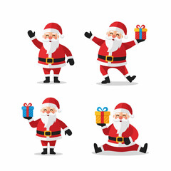 Four Happy Santa Claus Characters Holding Presents in Various Poses on Transparent Background.