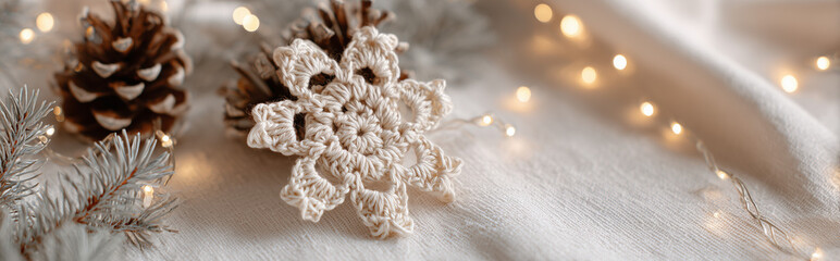 Handmade crocheted snowflake ornament on warm cream background with pinecones and fairy lights in cozy Scandinavian holiday flatlay