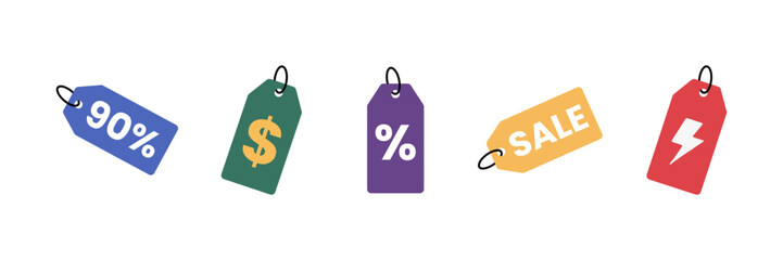 Simple Flat Design Price Discount Offer Colorful Tag Icon Set