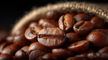 Naklejka premium Freshly Roasted Coffee Beans Poured from a Burlap Sack on a Dark Background