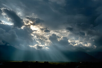 Dramatic sky with sun rays shining through clouds nature landscape photography scenic weather background 100