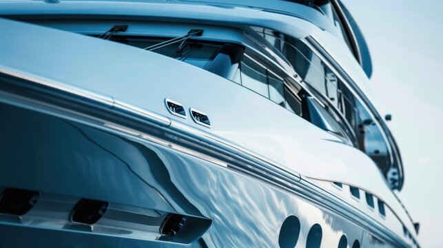 A close-up view of a luxury yacht's sleek exterior. The hull reflects the water and sky, showcasing modern design and craftsmanship. - Powered by Adobe
