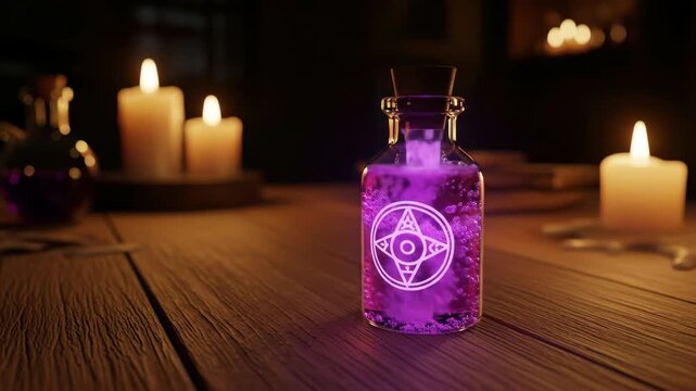 Magical potion bottle with glowing symbol, purple liquid on wooden table with candles.