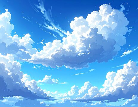 Anime-style image featuring a bright blue sky filled with fluffy, white cumulus clouds. Some wispy cirrus clouds add to the dreamy atmosphere