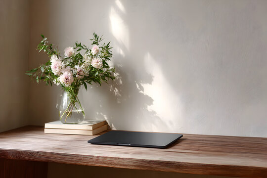 Minimalist workspace with laptop and flowers on wooden desk for home office and creative inspiration