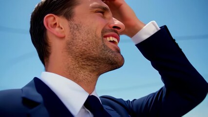 Smiling businessman in suit shields eyes from sun, radiating happiness and success under blue sky
