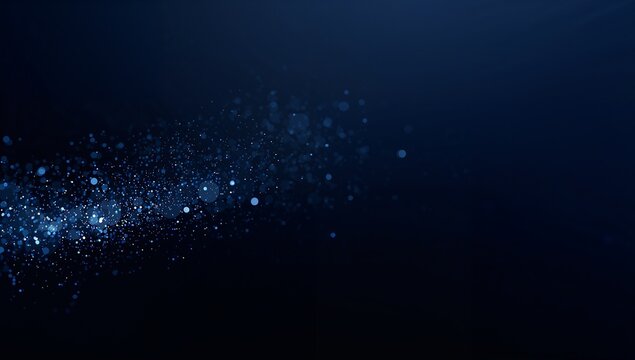 Dynamic abstract background featuring shimmering blue particles and bokeh effects on a dark navy gradient, perfect for technology and science themes.