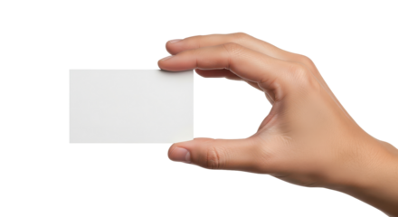 Human hand holding a blank white business card or credit card horizontally, isolated on a plain white background.