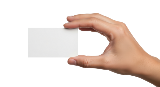 Human hand holding a blank white business card or credit card horizontally, isolated on a plain white background.