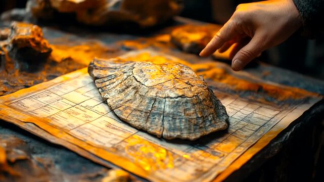 Hand Interacting with an Ancient Shell on Table