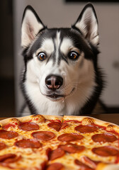 Siberian Husky dog eating pizza. Close-up.