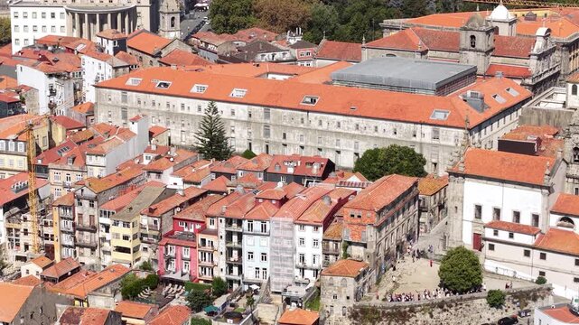 Porto, Portugal. Drone Shot of Old Town Buildings, Palace of Justice, Church of Our Lady of Victory