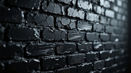 Close-up of Wet Black Brick Wall with Cracked and Peeling Paint, Grunge Texture